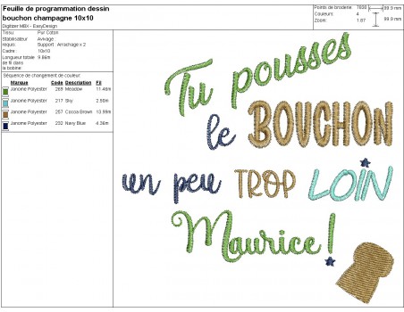 Motif de broderie machine  texte Maurice bouchon champagne