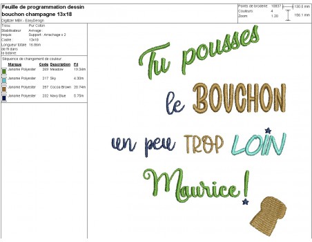 Motif de broderie machine  texte Maurice bouchon champagne