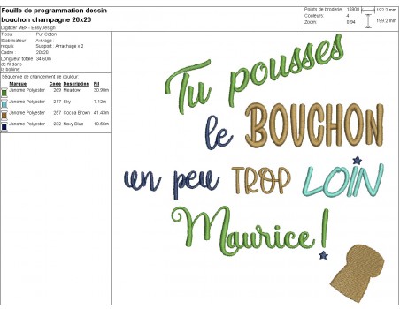Motif de broderie machine  texte Maurice bouchon champagne