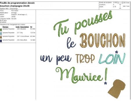 Motif de broderie machine  texte Maurice bouchon champagne