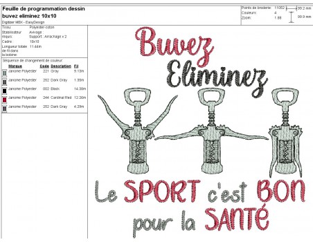 Motif de broderie machine  texte  sport  tires bouchons, buvez, éliminez