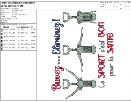 Motif de broderie machine  texte  sport  tires bouchons, buvez, éliminez