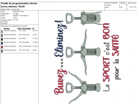 Motif de broderie machine  texte  sport  tires bouchons, buvez, éliminez