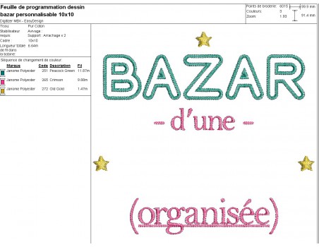 Motif de broderie machine texte bazar personnalisable