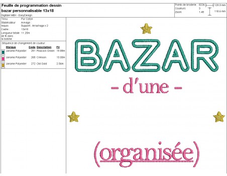 Motif de broderie machine texte bazar personnalisable