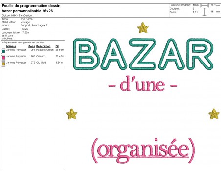 Motif de broderie machine texte bazar personnalisable