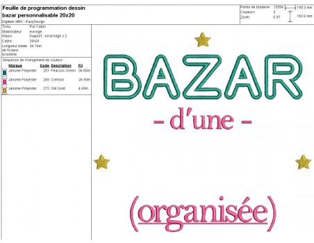 Motif de broderie machine texte bazar personnalisable