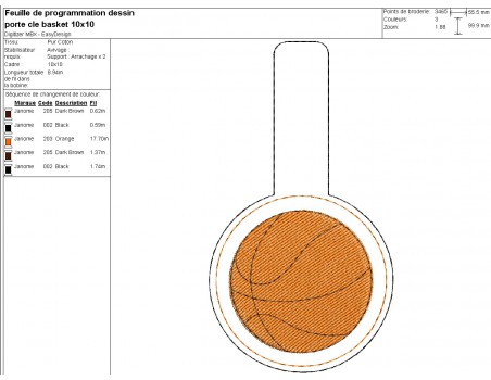 Motif de broderie machine ITH porte clé ballon de basket