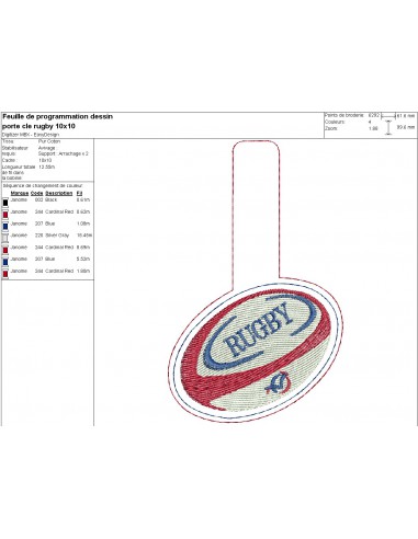 Motif de broderie machine ITH porte clé ballon de rugby