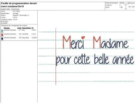 Motif de broderie machine texte  merci Madame   personnalisable