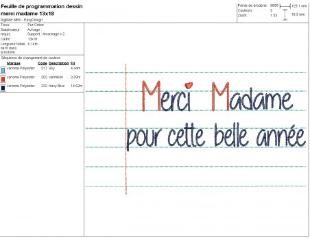 Motif de broderie machine texte  merci Madame   personnalisable