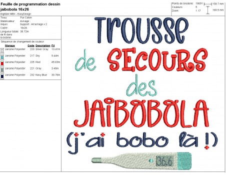 Motif de broderie machine  texte  trousse secours Jaibobola