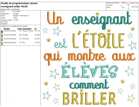 Motif de broderie machine texte enseignant