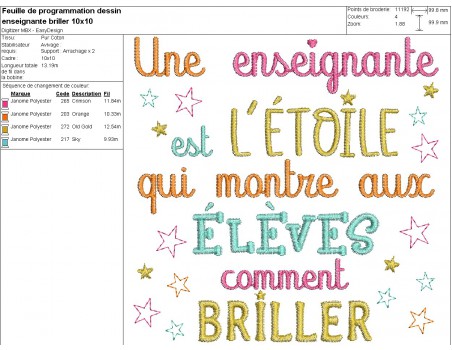 Motif de broderie machine texte enseignante