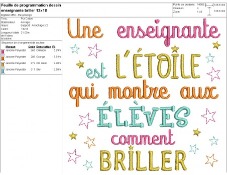 Motif de broderie machine texte enseignante