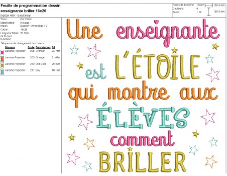 Motif de broderie machine texte enseignante