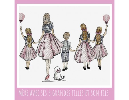 machine embroidery design  rippled mother with  her 3 grown daughters and son