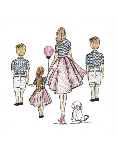 Motif de broderie machine  mère avec ses 2 grands garçons  et sa fille