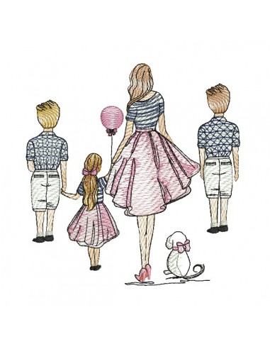 machine embroidery design  rippled mother with  her 2 boys and her daughter