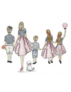 Motif de broderie machine  mère avec ses 2  fils et ses 2 filles