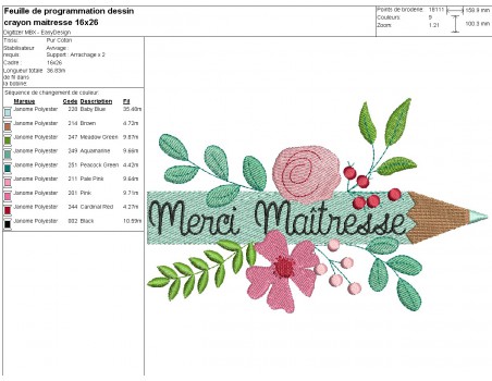 machine embroidery  design floral pencil thank you teacher