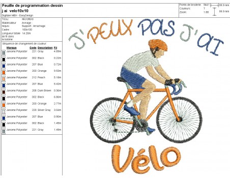 Motif de broderie machine  j'peux pas j'ai vélo