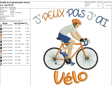 Motif de broderie machine  j'peux pas j'ai vélo