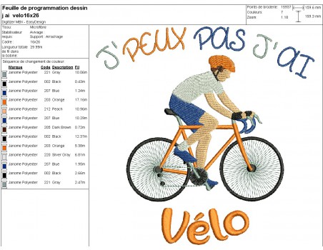 Motif de broderie machine  j'peux pas j'ai vélo