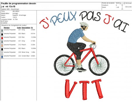 Motif de broderie machine  j'peux pas j'ai VTT