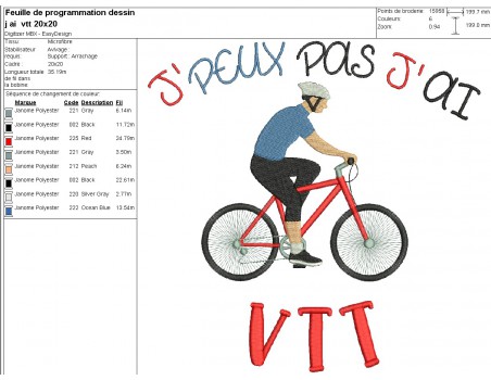 Motif de broderie machine  j'peux pas j'ai VTT