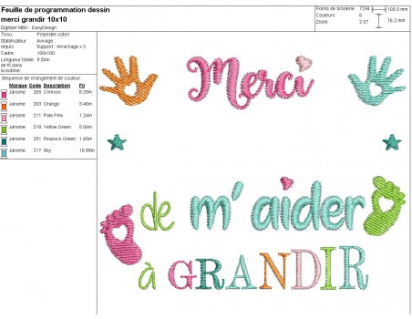 Motif de broderie texte  merci  de m'aider à grandir à personnaliser