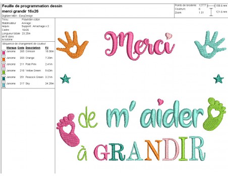 Motif de broderie texte  merci  de m'aider à grandir à personnaliser