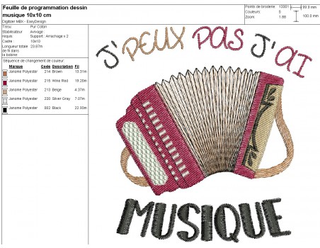 Motif de broderie machine  j'peux pas j'ai musique