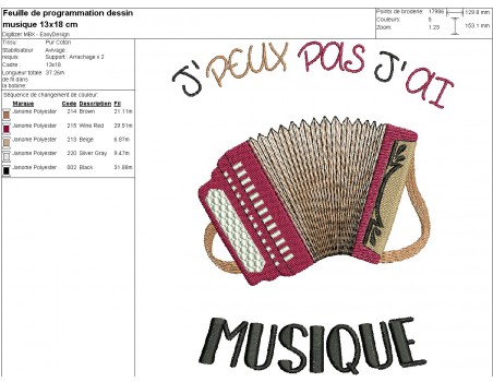 Motif de broderie machine  j'peux pas j'ai musique