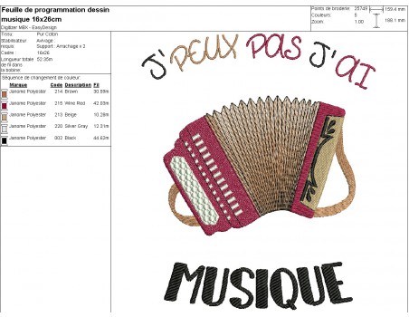 Motif de broderie machine  j'peux pas j'ai musique