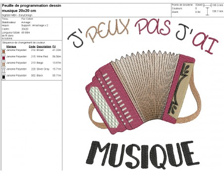 Motif de broderie machine  j'peux pas j'ai musique