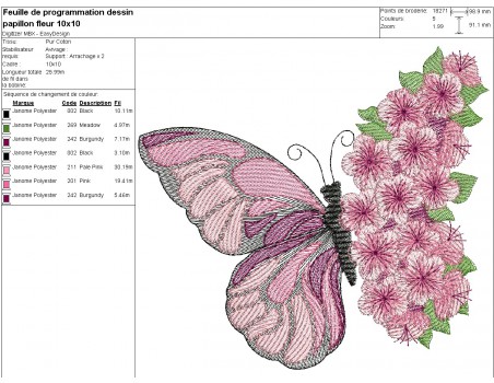 Motif de broderie machine  papillon fleuri