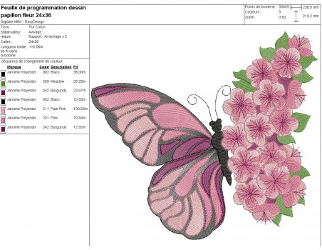 Motif de broderie machine  papillon fleuri