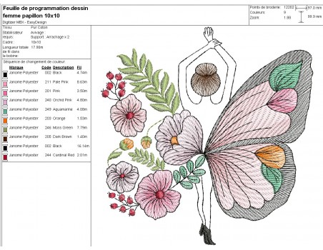 Motif de broderie machine  femme papillon fleurs