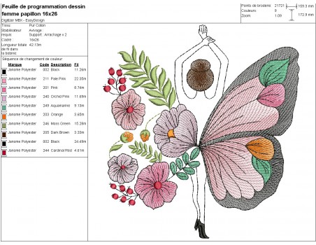 Motif de broderie machine  femme papillon fleurs