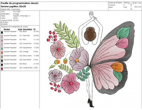 Motif de broderie machine  femme papillon fleurs