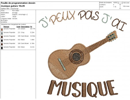 Motif de broderie machine  j'peux pas j'ai musique