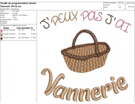 Motif de broderie machine  j'peux pas j'ai vannerie