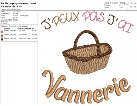 Motif de broderie machine  j'peux pas j'ai vannerie