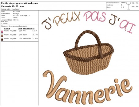 Motif de broderie machine  j'peux pas j'ai vannerie