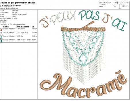 Motif de broderie machine  j'peux pas j'ai macramé