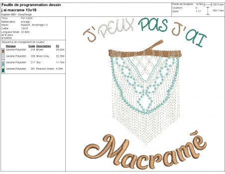 Motif de broderie machine  j'peux pas j'ai macramé