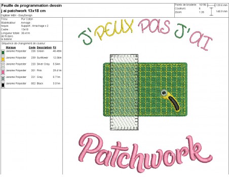 Motif de broderie machine  j'peux pas j'ai patchwork