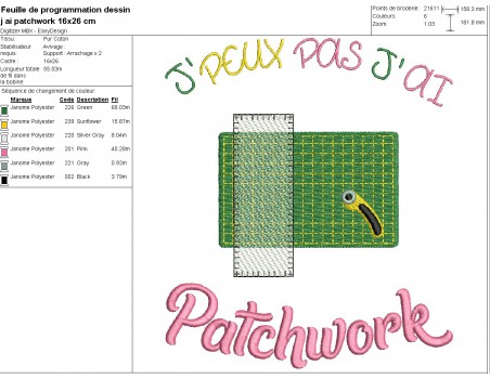 Motif de broderie machine  j'peux pas j'ai patchwork