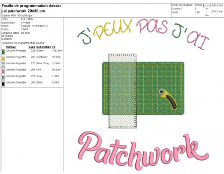 Motif de broderie machine  j'peux pas j'ai patchwork